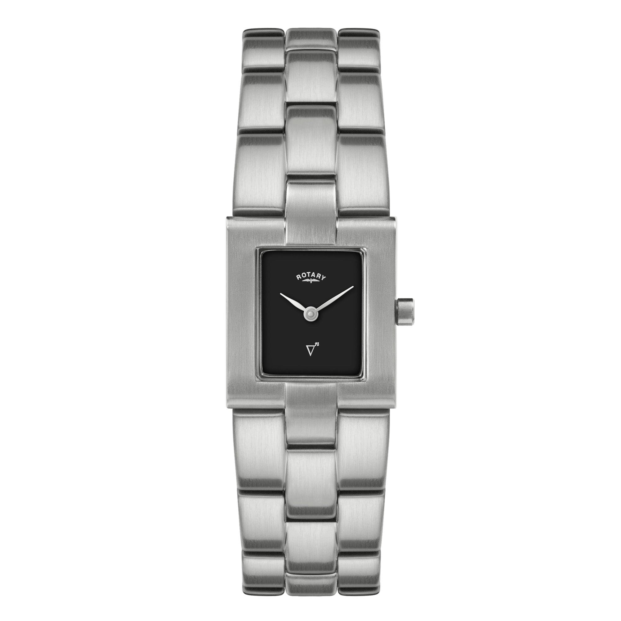 Silver Rotary Prism watch with a black face on a white background