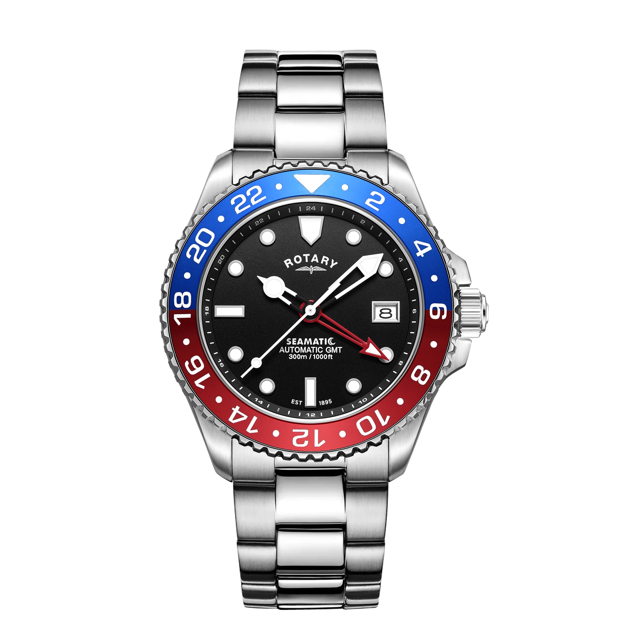 Rotary watch with a silver bracelet, black face, red and blue bezel on a white background